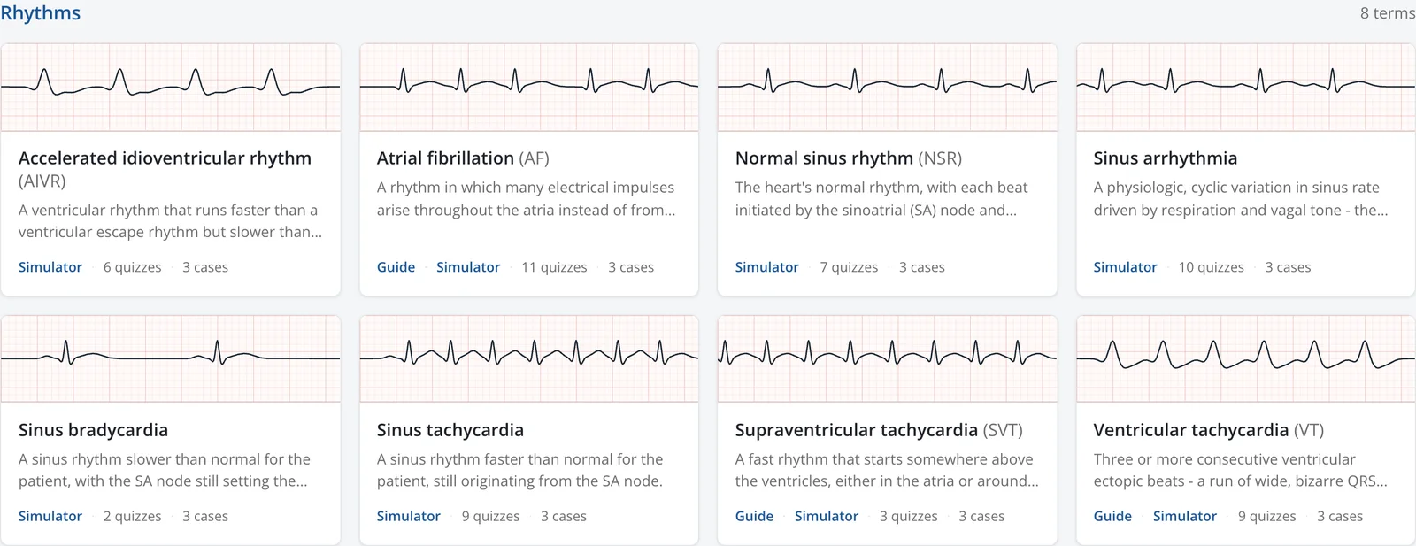 ECG Atlas rhythm cards, each with a schematic tracing, a short definition and links to its guide, simulator scenario and quizzes